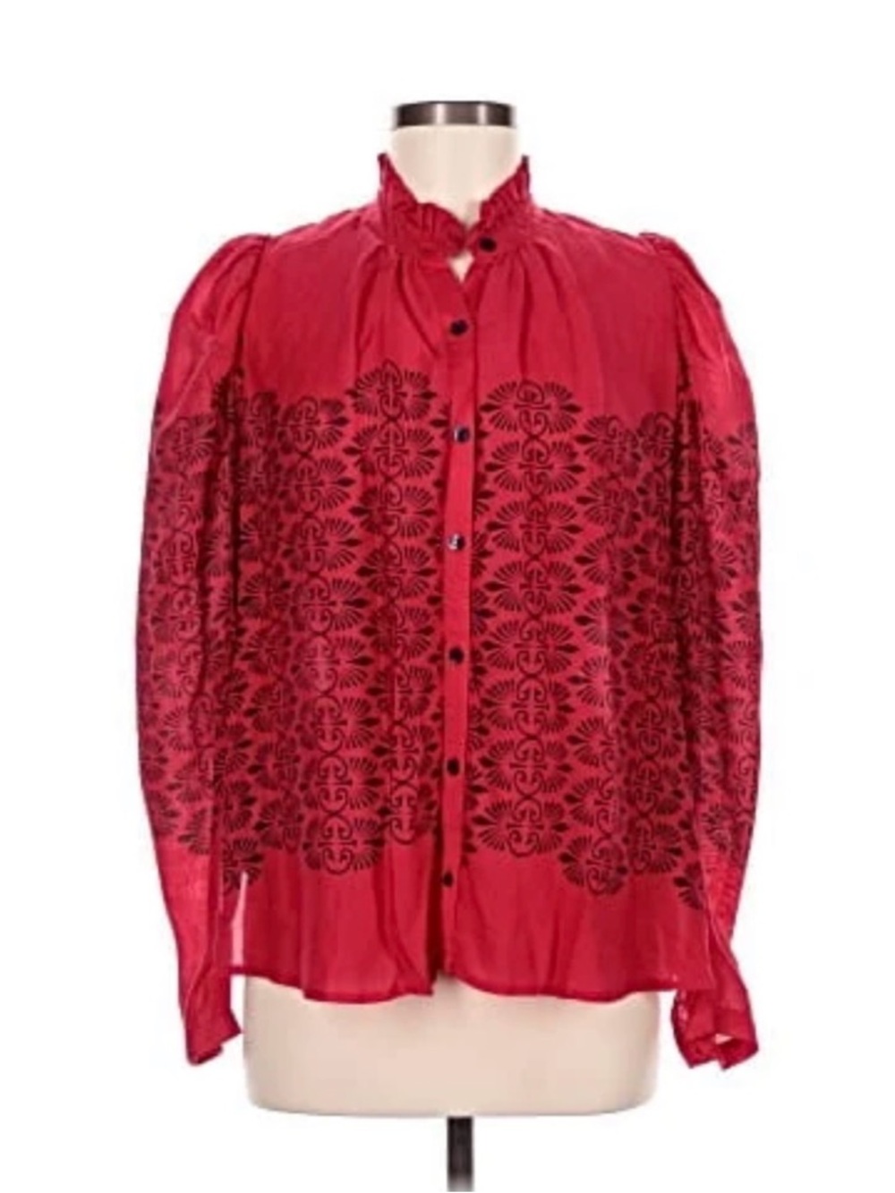 ALIX OF BOHEMIA Artemis Trellis Shirt Red Cherry Button Ruffle Designer Top Med - Picture 5 of 15